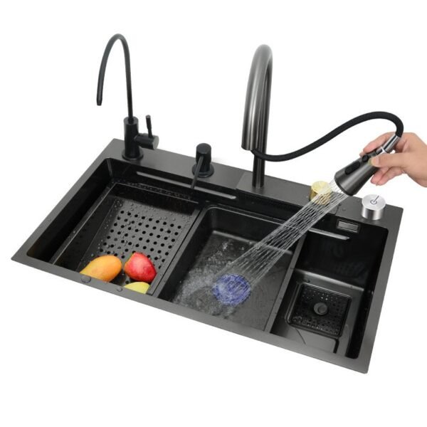 Anti-Scratch Stainless Steel Kitchen Sink Handmade Single Bowl Slot Multifunction Smart Waterfall Sinks