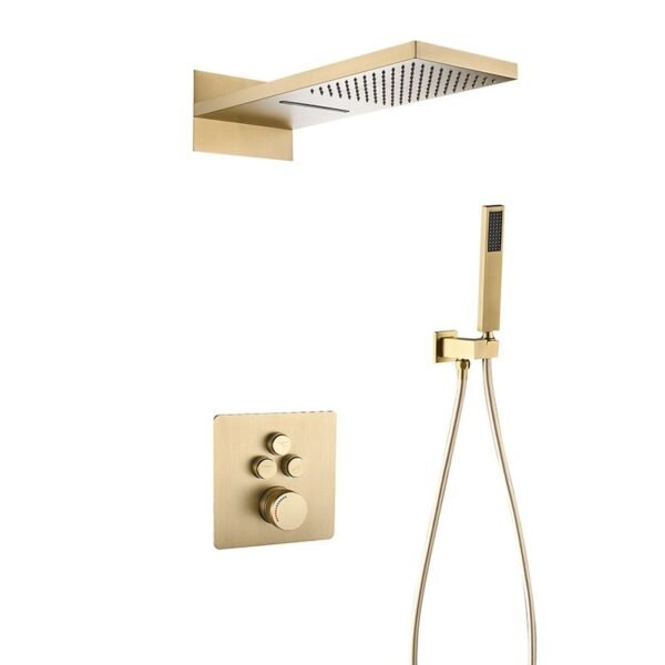 Gold Color Wall Mounted Rainfall Faucet Brass Spray Shower System Thermostatic Three Functions Shower